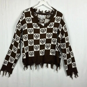 Brown and White Heart Pattern V-Neck Sweater